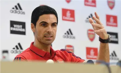  ??  ?? Mikel Arteta, the new Arsenal manager, is unveiled at his first press conference. Photograph: Stuart MacFarlane/Arsenal FC via Getty Images