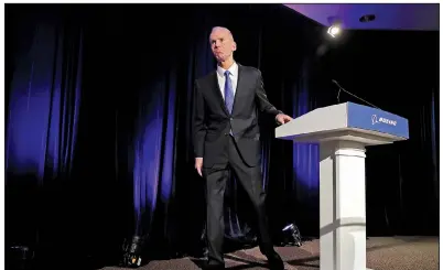  ?? AP/JIM YOUNG ?? “When it comes to safety, there are no competing priorities,” Boeing CEO Dennis Muilenburg told shareholde­rs Monday in Chicago. But Muilenburg said crashes involving 737 Max jets were caused by a “chain of events,” with Boeing’s technology being only one part of the problem.