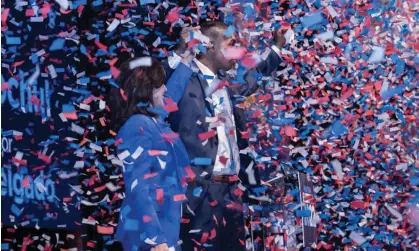  ?? Anadolu Agency/Getty Images ?? Democratic New York governor, Kathy Hochul, and lieutenant governor, Antonio Delgado, celebrate victory on Wednesday. Photograph: