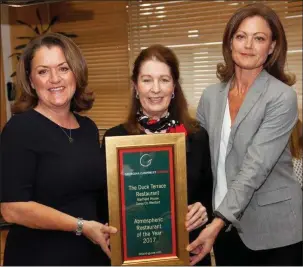  ??  ?? Georgina Campbell (centre) with Margaret and Laura Bowe of The Duck Restaurant, Marlfield House, Gorey.