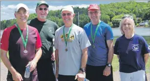  ?? SUBMITTED PHOTO ?? Dan McCarthy won the gold medal during the Vogue Optical P.E.I. 55+ Summer Games running competitio­n. From left are bronze medallist Richard Schoch, Games society board member Gary Montgomery, McCarthy, silver medallist Brian Deveau and event chairwoman Debbie Hughes.