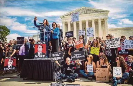  ?? EPA PIC ?? Democratic Senator from California Kamala Harris speaking to protesters opposed to Supreme Court nominee Brett Kavanaugh outside the Supreme Court in Washington, DC, on Friday.