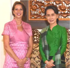  ??  ?? This handout picture released and taken by the Ministry of Informatio­n shows Suu Kyi (right) receiving Burgener during a courtesy call at the Ministry of Foreign Affairs in Naypyidaw. — AFP photo