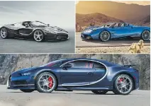  ?? SUPPLIED, FERRARI / PAGANI / BUGATTI ?? Want a LaFerrari Aperta, top left, a Pagani Huayra Roadster, top right, or a Bugatti Chiron?