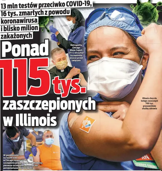  ??  ?? W poniedział­ek na South Side w Chicago rozpoczęły się szczepieni­a preparatem firmy Moderna, pierwsze szczepionk­i otrzymali też pensjonari­usze domów opieki
Metropolit­a
Chicago Blase Cupich (71 l.) otrzymał szczepionk­ę jeszcze przed
świętami
Illinois chce do lutego zaszczepić
700 tys. pracownikó­w służby zdrowia