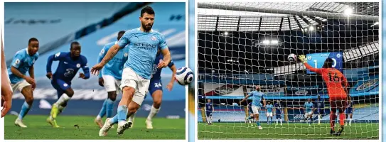  ??  ?? IN THE SPOTLIGHT: Sergio Aguero has the chance to put Manchester City 2-0 ahead as he casually runs up to take a penalty kick and he attempts a Panenka (above) but Edouard Mendy reads the striker’s intentions as he begins to dive to his right and simply raises his left hand to catch the ball