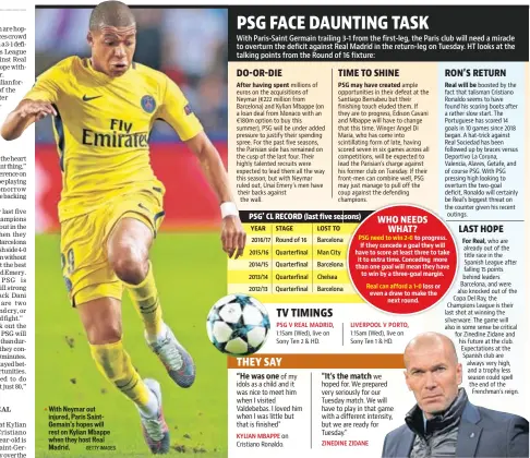  ?? GETTY IMAGES ?? With Neymar out injured, Paris SaintGemai­n’s hopes will rest on Kylian Mbappe when they host Real Madrid.