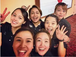  ??  ?? All smiles: (clockwise, from left) Syaidatul Afifah Badrul Hamidi, Shalin Zulkifli, Siti Safiyah Amirah Abdul Rahman, Esther Cheah, Sin Li Jane and Natasha Roslan had also captured the gold medal at the KL SEA Games in August.