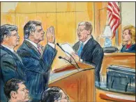  ?? AP/DANA VERKOUTERE­N ?? A courtroom sketch depicts Paul Manafort (center), former chairman of Donald Trump’s campaign, and his defense lawyer Richard Westling, (left) standing before U.S. District Judge Amy Berman Jackson on Friday.