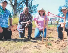  ?? Picture: Contribute­d ?? BUSH TUCKER: Goondir Clinic Manager Kelvin Duiker, Kamilaroi Elder Jim Troutman, Mayor Samatha O'Toole and garden volunteer Peter Goodwin planting a Desert Quandong at St George's bush tucker garden.