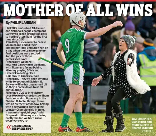  ?? SPORTSFILE ?? Joy: Limerick’s Cian Lynch and mum Valerie at Pearse Stadium