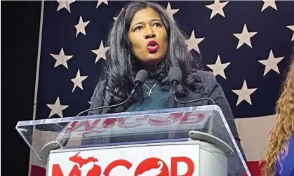  ?? ?? Kristina Karamo speaks in Lansing, Michigan, on 18 February 2023. Photograph: Nathan Layne/Reuters