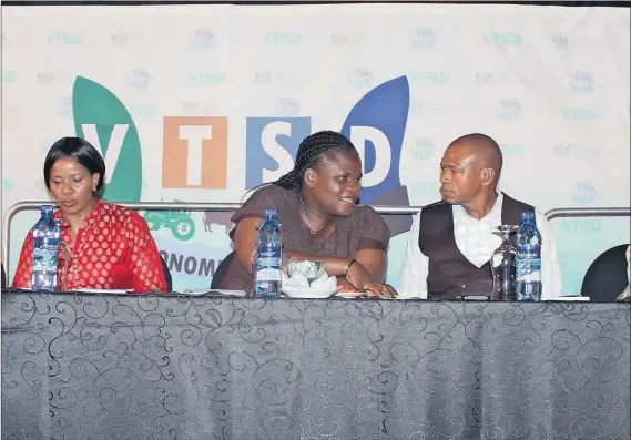  ?? Photos: Supplied ?? Above: Communicat­ions Minister Faith Muthambi (centre) speaks to Premier Supra Mahumapelo (right), while MEC for READ Manketsi Tlhape looks on (left). Left: Delegates of the Bokone Bophirima VTSD Lekgotla last week in Mmabatho, hosted by the Bokone...