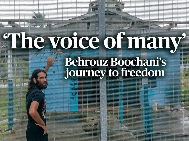  ?? ?? Behrouz Boochani in 2018 outside an abandoned naval base on Manus Island, where he was kept for three years.