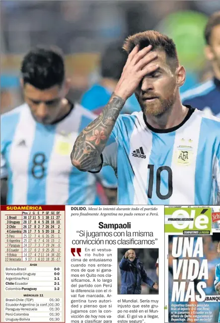  ??  ?? DOLIDO. Messi lo intentó durante todo el partido pero finalmente Argentina no pudo vencer a Perú.