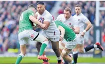  ??  ?? Battering ram: Owen Farrell needs to take on the mantle of Manu Tuilagi (left)