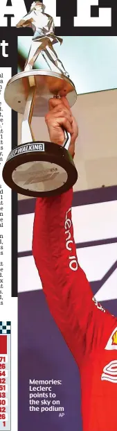  ?? AP ?? Memories: Leclerc points to the sky on the podium