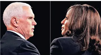  ?? FOTO: JUSTIN SULLIVAN/AFP ?? Eine Bildkombin­ation aus dem Tv-duell zwischen Mike Pence und Kamala Harris.