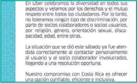  ?? CORTESÍA ?? Después de meter la pata, Uber mandó este comunicado.