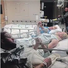  ?? @RJPATTER TWITTER ?? On Saturday morning, the father of Derek Patter, a Humboldt player who survived the crash, tweeted an image of his son and two other injured players “bonding and healing” in hospital. The photo went viral online.