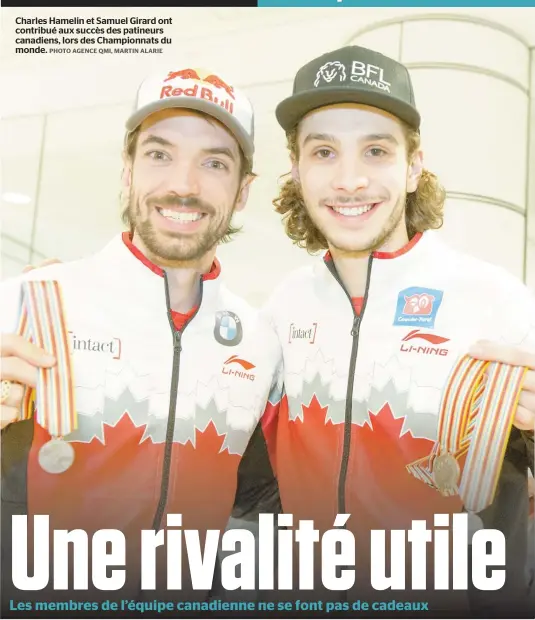  ??  ?? Charles Hamelin et Samuel Girard ont contribué aux succès des patineurs canadiens, lors des Championna­ts du monde.