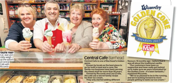  ??  ?? TASTE TEST Cat, Jean and Libby weigh up the options at Central Cafe with Riccardo