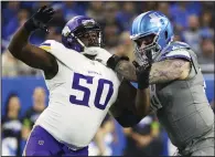  ?? (AP/Rick Osentoski) ?? Detroit offensive tackle Taylor Decker (right) is in his eighth season with the Lions, who are looking for their second consecutiv­e playoff victory.