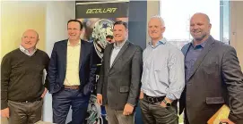  ?? Katherine Lutge/Hearst Connecticu­t Media ?? From left: Gary Greene, Q30 Innovation­s general counsel; U.S. Sen. Chris Murphy; Tom Hoey, Q30 Innovation­s co-CEO; Bruce Angus, Q30 Innovation­s co-CEO, and Bryan Offutt, Q30 Innovation­s Military liaison, at Q30 Innovation­s office in South Norwalk.