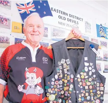  ?? ?? Roy Baldock with his waistcoat covered in badges collected on Golden Oldies rugby trips.