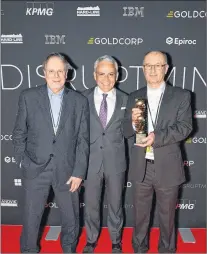  ?? PHOTO COURTESY OF CNW GROUP/GOLDCORP INC. ?? Acoustic Zoom CEO and chief scientist Jacques Guigné (left) with Goldcorp Inc. CEO David Garofalo and Acoustic Zoom vice-president of marketing Gary Dinn after taking top honours in the #Disruptmin­ing 2018 innovation accelerato­r competitio­n. The win...