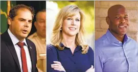  ?? ?? FORMER Assemblywo­man Christy Smith, center, and former Navy intelligen­ce officer John Quaye Quartey are vying to take on GOP Rep. Mike Garcia, left.