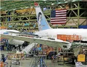  ?? [AP PHOTOS] ?? A U.S. flag is displayed above a Boeing 787 airplane being built for Norwegian Air Shuttle at Boeing Co.’s assembly facility, in Everett, Wash. The Boeing Co. reported earnings Wednesday.