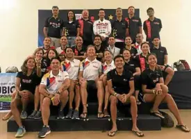  ??  ?? Polo Tri team at Ironman Philippine­s in Subic Bay with Fred Uytengsu, founder of Sunrise Events (last row in white)