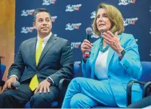  ?? EDDIE MOORE/JOURNAL ?? U.S. House Minority Leader Nancy Pelosi came to Santa Fe Friday as part of a “Repeal the Trump Tax Tour.” She appeared on a panel with U.S. Rep. Ben Luján.