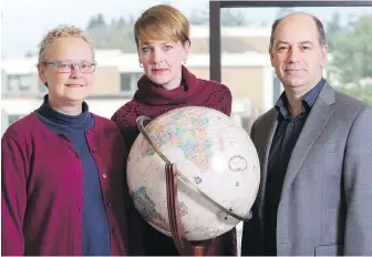  ??  ?? From left: Annalee Lepp, associate professor and chairwoman of gender studies; Margaret Cameron, dean of research for Faculty of Humanities; and Colin Macleod, department of philosophy. They will form a panel to discuss migrating people today at UVic’s...