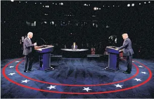  ?? REUTERS ?? Then-Democratic presidenti­al nominee Joe Biden gestures towards then-US President Donald Trump as they participat­e in their second 2020 presidenti­al campaign debate at Belmont University in Nashville, Tennessee.