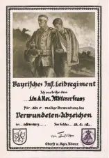  ??  ?? ■ Although not directly related to the Leiberring, this is a rare ‘Leiber’ wound badge certificat­e awarded to Mitterer for a wound received at Kemmel in April 1918.