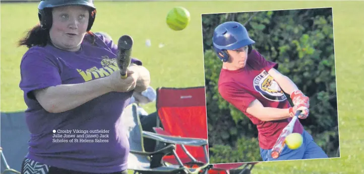  ??  ?? Crosby Vikings outfielder Julie Jones and (inset) Jack Scholes of St Helens Sabres