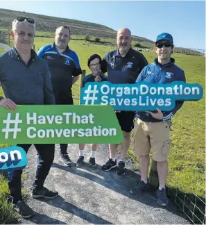  ??  ?? DOING THEIR BIT: Supporting the Coolaney-Mullinabre­ena GAA Club players’ fundraiser for the Organ Donor Awareness campaign at Knocknashe­e Hill last Saturday were, from left, John Marren, Padraig McGourty, Harry Young, Glenn Young and Ollie Lee.