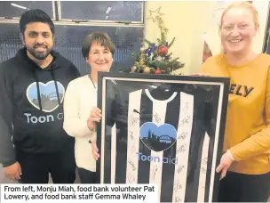  ??  ?? From left, Monju Miah, food bank volunteer Pat Lowery, and food bank staff Gemma Whaley