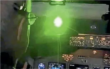 ??  ?? A laser pointer aimed at a plane cockpit. The New Zealand Air Line Pilots’ Associatio­n wants tougher laws against laser misuse.