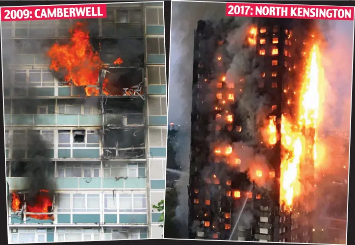  ??  ?? Earlier tragedy: The Lakanal House blaze in which six died Horrific: Similar mistakes appear to have been made at Grenfell Tower 2009: CAMBERWELL 2017: NORTH KENSINGTON