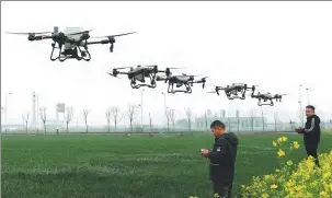  ?? HU WEIGUO / FOR CHINA DAILY ?? Growers get training to use unmanned aerial vehicles to protect crops in Mengcheng county, Anhui province, in March.