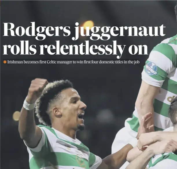  ??  ?? 0 Celtic players celebrate James Forrest’s opening goal at Hampden, far right, while striker Leigh Griffiths ties a Celtic scarf to a goalpost after the match. Below, Brendan Rodgers wears the winner’s medal that he later gave to a supporter.