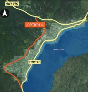  ?? Special to the Westside Weekly ?? The line shown in orange shows the possible route of a highway bypass around Peachland. Ministry of Transporta­tion officials this spring will hold a public meeting on the long-running Peachland transporta­tion study.