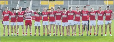  ?? (Pic George Hatchell) ?? TOGETHERNE­SS - Cork’s Minors stand for the National Anthem before the quarter-final encounter with Kerry at Páirc Uí Chaoimh. Included are Gearoid Daly (Mallow - joint captain), Dara Sheedy (No 11 - Bantry Blues) and Trevor Kiely (Doneraile).