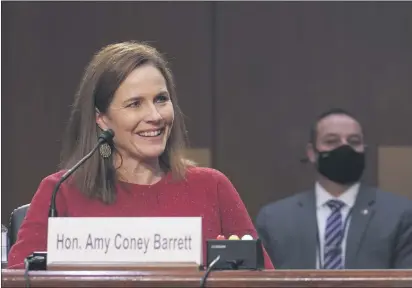  ?? SARAH SILBIGER — POOL ?? Supreme Court nominee Amy Coney Barrett speaks during a confirmati­on hearing before the Senate Judiciary Committee on Tuesday.