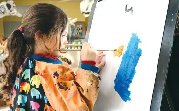  ??  ?? Larissa Brown of Oak Street kindergart­en’s four-year-old group paints her canvas