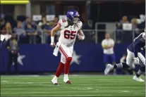  ?? BRANDON WADE — THE ASSOCIATED PRESS ?? Giants center Nick Gates (65) is seen during last Thursday’s game against the Dallas Cowboys in Arlington, Texas. Dallas won 28-20.