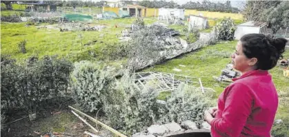  ?? ?? Cristina observa el jardín de su vivienda familiar, en Campomanes, lleno de restos de otras edificacio­nes.